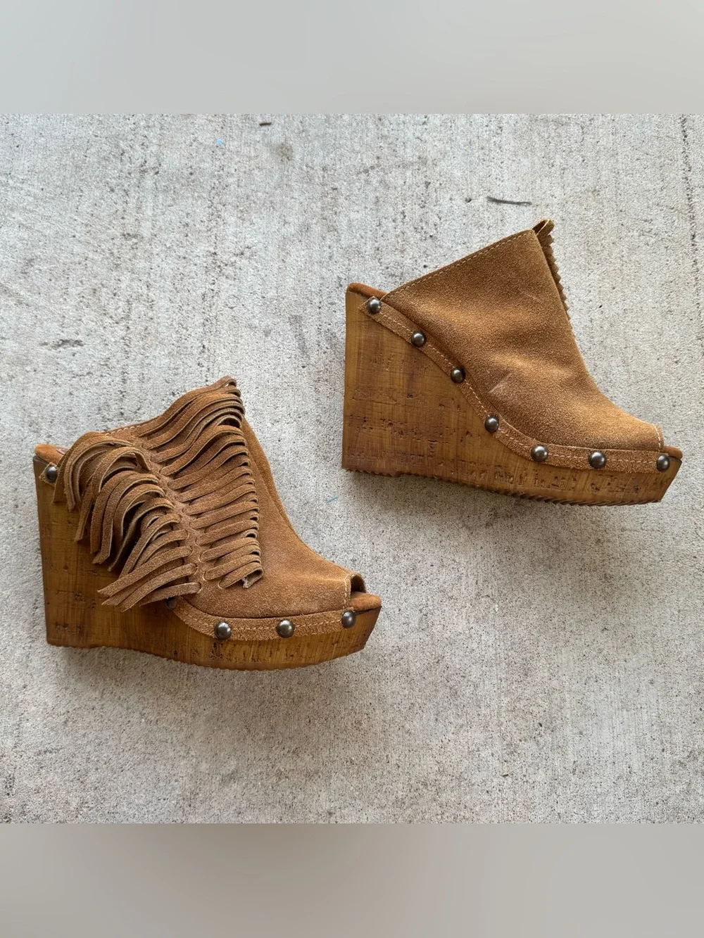 SBICCA Vintage Collection  Brown Suede Leather Boho Wedge Heels Size 38